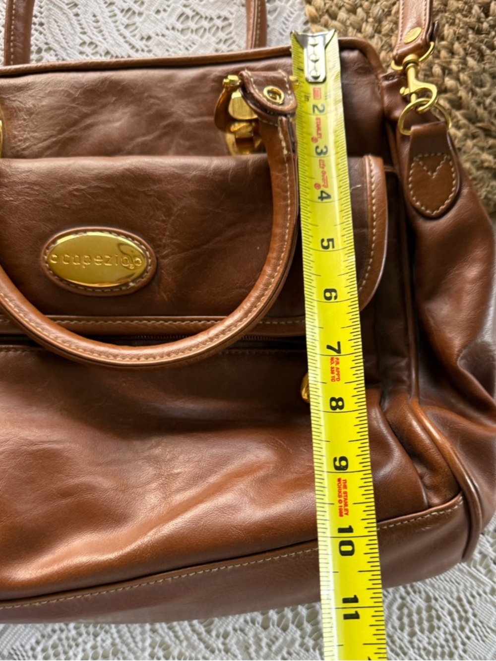 Capezio Cognac Brown Satchel Crossbody Bag Gold Hardware Top Handle Purse - Picture 4 of 7